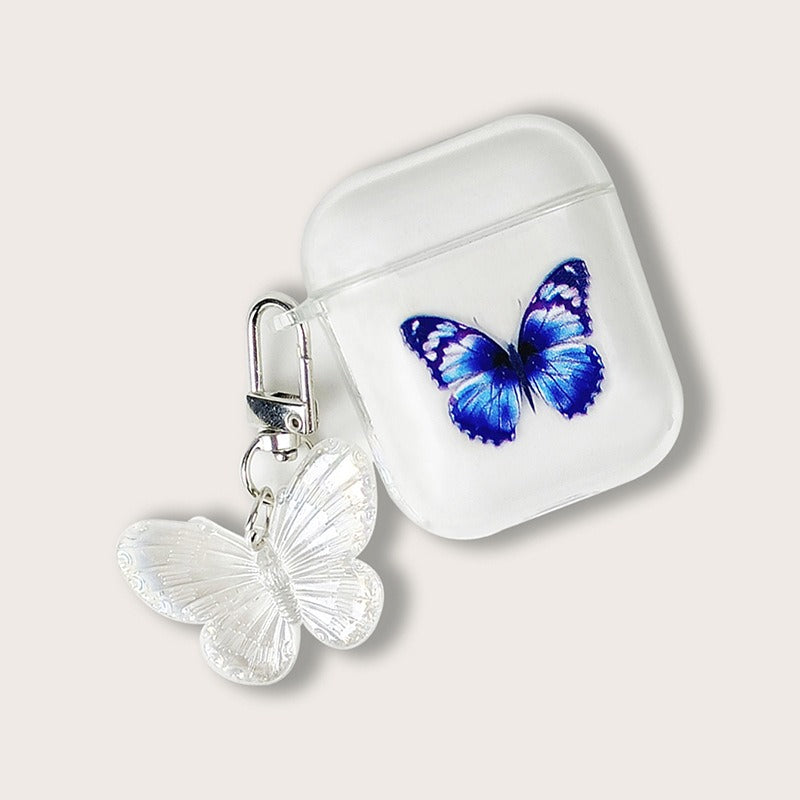 Painted blue butterfly pendant earphone case