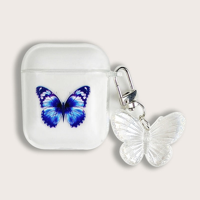Painted blue butterfly pendant earphone case