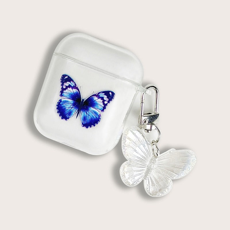 Painted blue butterfly pendant earphone case